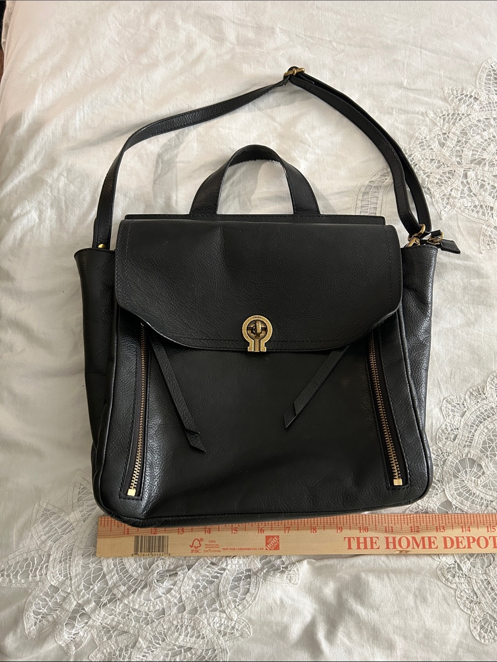 Fossil Black Leather Convertible Backpack Crossbody Bag with Gold Hardware